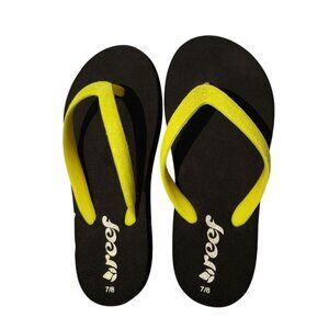 Reef Girls Flip Flops 7/8 Neon Yellow Black Bliss Cushion Bounce Beach Comfort
